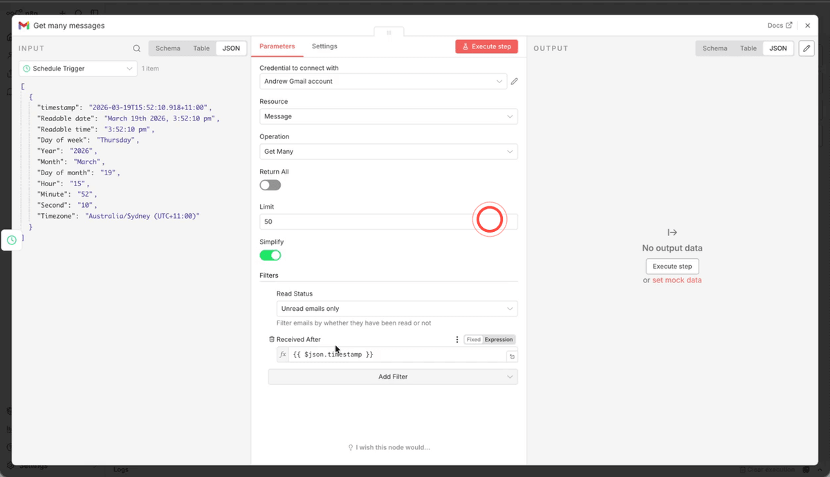 A Gmail node configured to get many messages filtered by unread status and received after a timestamp