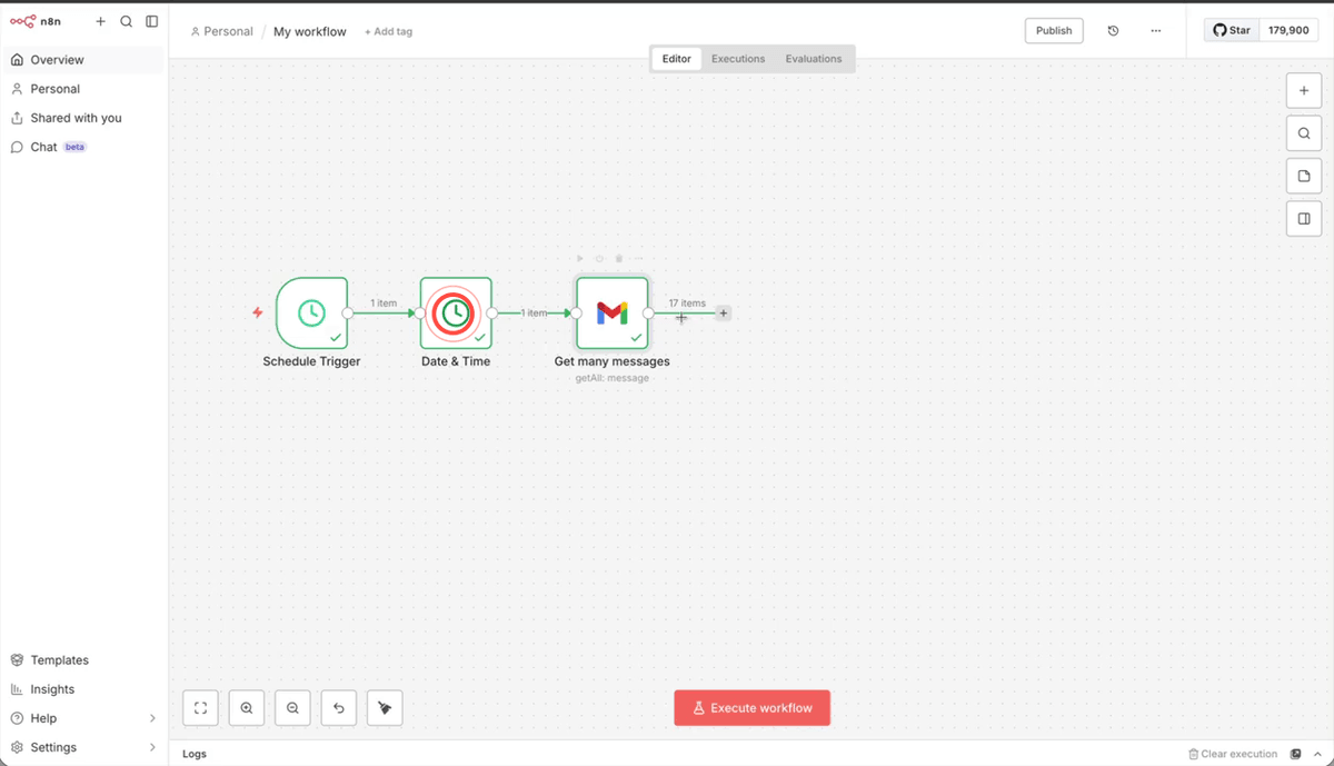 A Date and Time node configured to subtract five minutes from the Schedule trigger timestamp