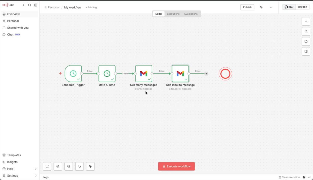 A Gmail node configured to add a Yellow Star label to each retrieved message using the mapped message ID