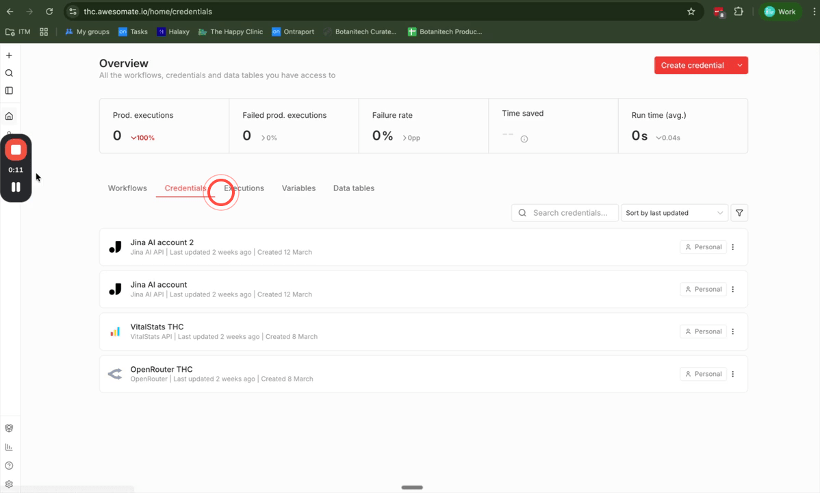 N8N homepage showing the Credentials option in the sidebar and the plus button menu