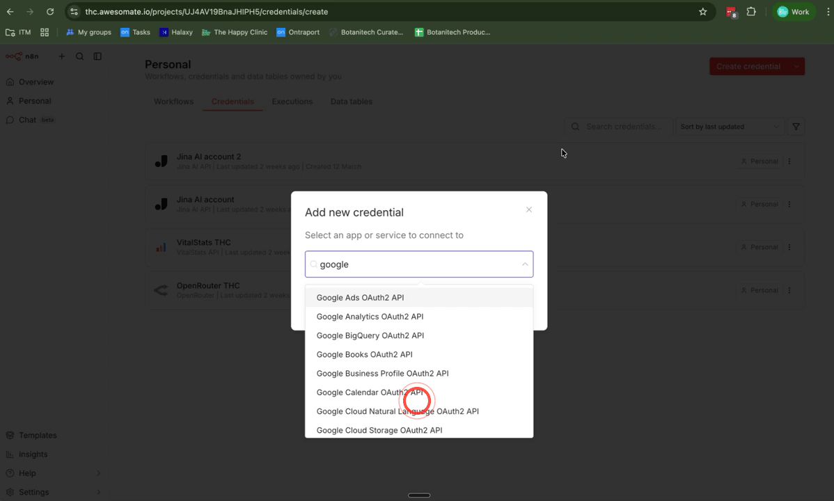 N8N Create Credential screen with Google Calendar selected from the search results