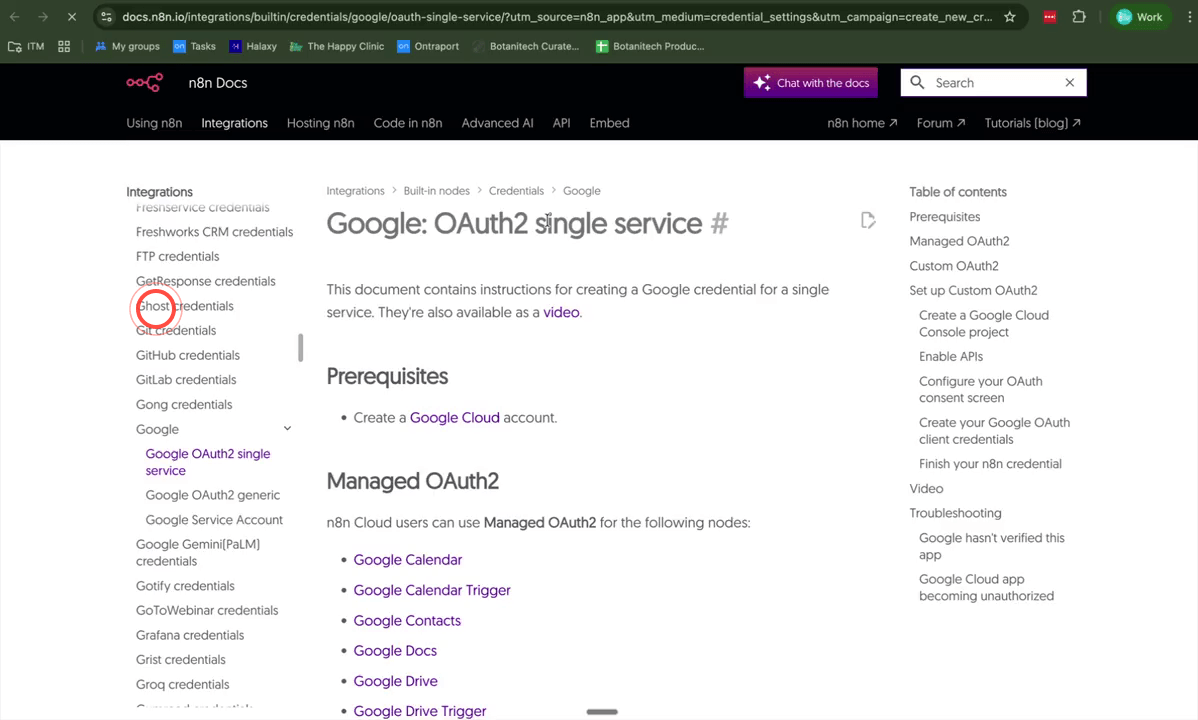 N8N Google Calendar credential screen with the Read Our Docs link highlighted
