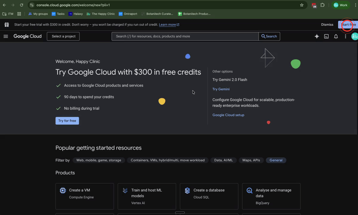Google Cloud Console welcome screen with sign-in and Try for Free options