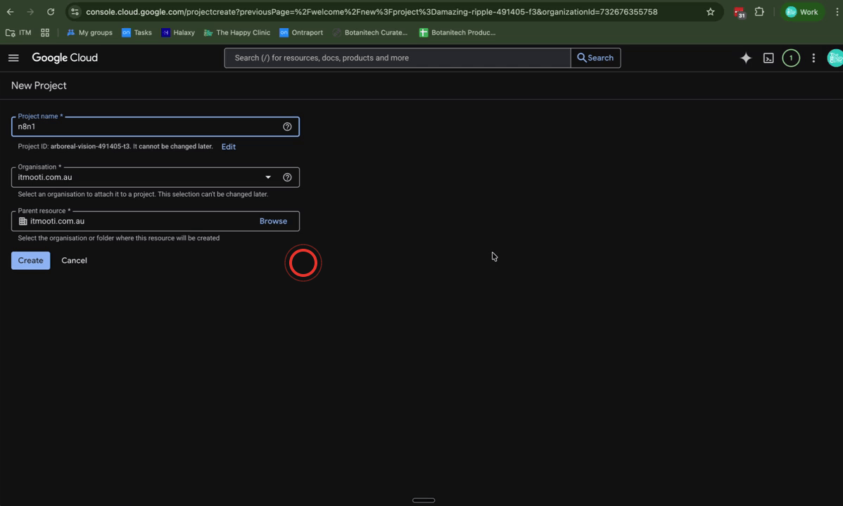 Google Cloud Console New Project screen with a project name entered and the Create button visible