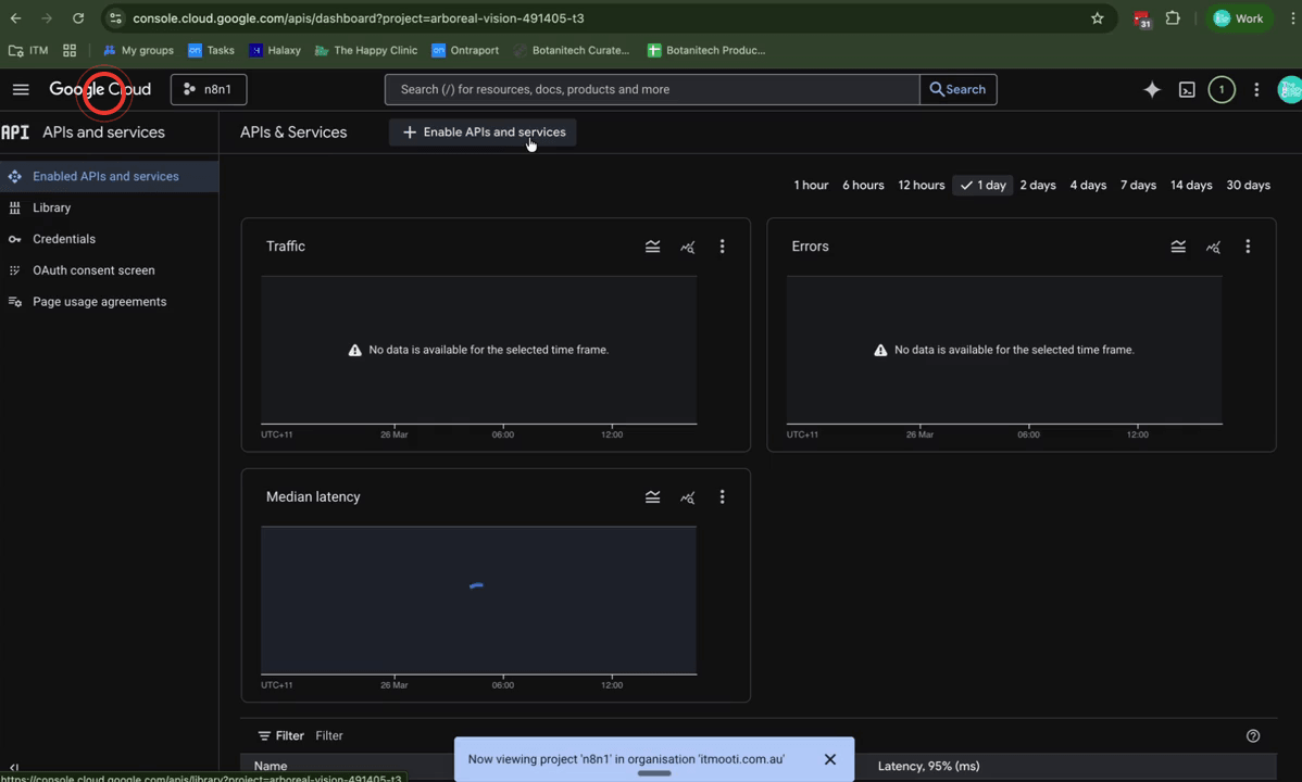Google Cloud Console APIs and Services menu with Enabled APIs and Services selected