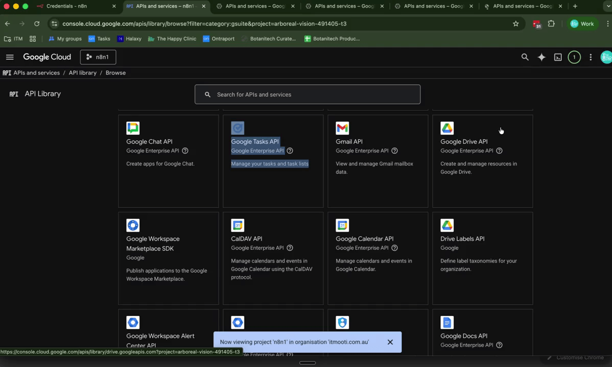 Google API library showing the Google Workspace section with multiple APIs being opened in new tabs