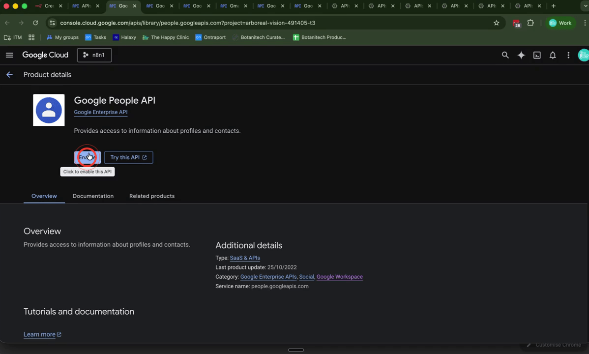 Google API page showing the Enable button for a Google API within the Cloud project