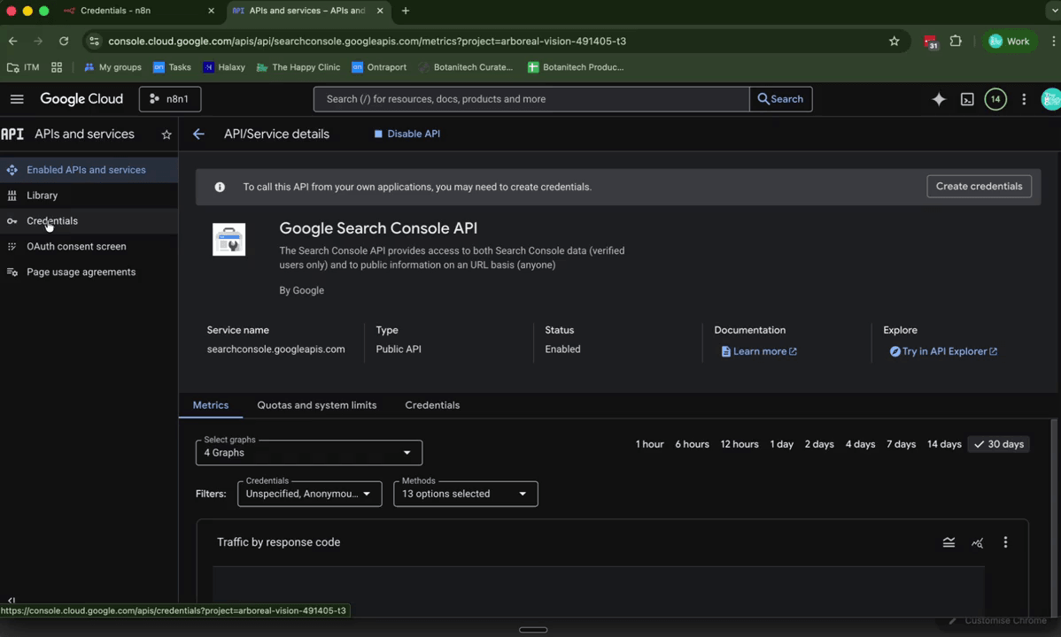 Google API library search results showing the Google Search Console API with the Enable button
