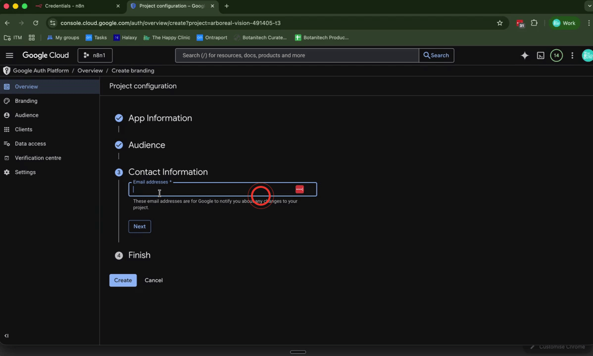 Google Cloud OAuth Consent Screen setup with app name, support email, and Internal audience selected