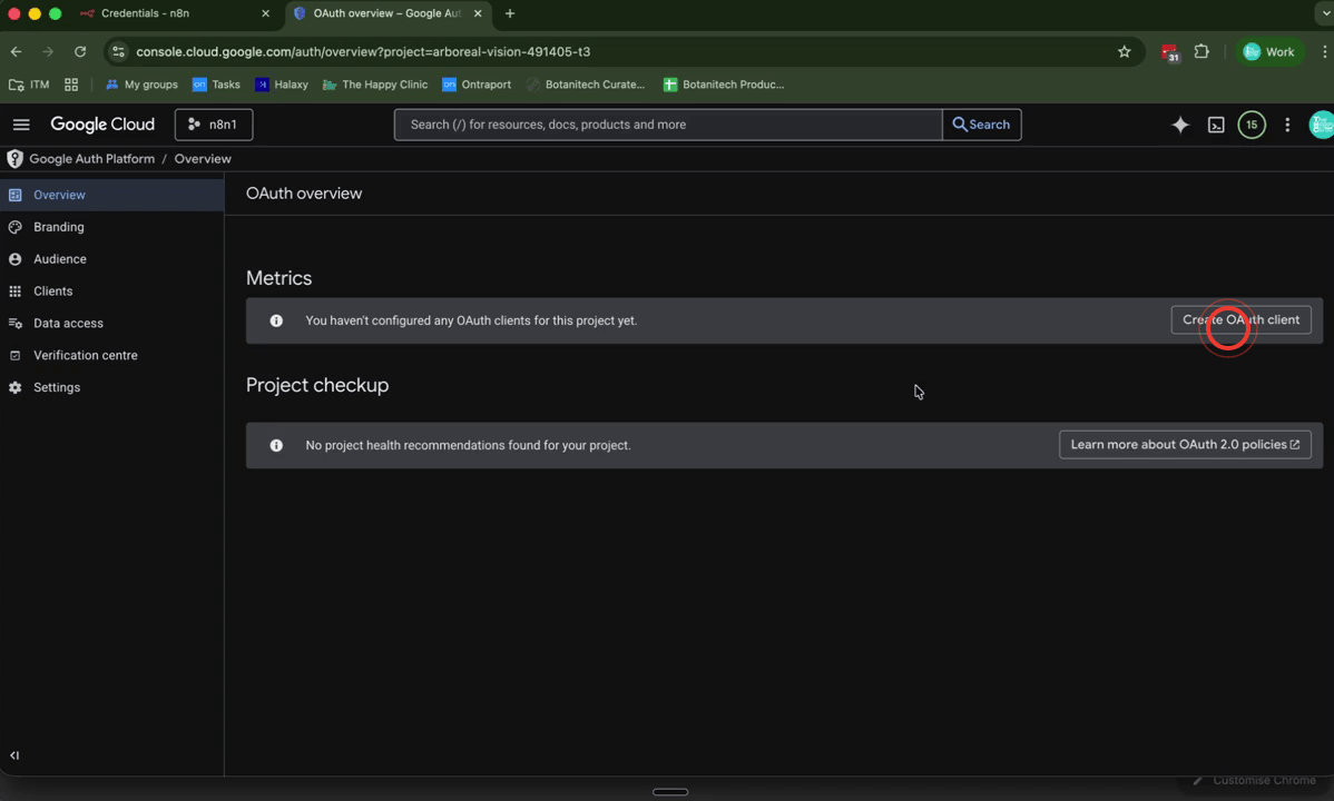 Google Cloud Create OAuth Client screen with Web Application type selected and Authorised Redirect URIs field visible