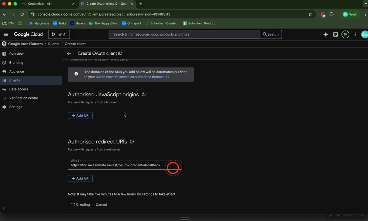 N8N Google Calendar credential screen showing the Redirect URL field with a copied to clipboard confirmation