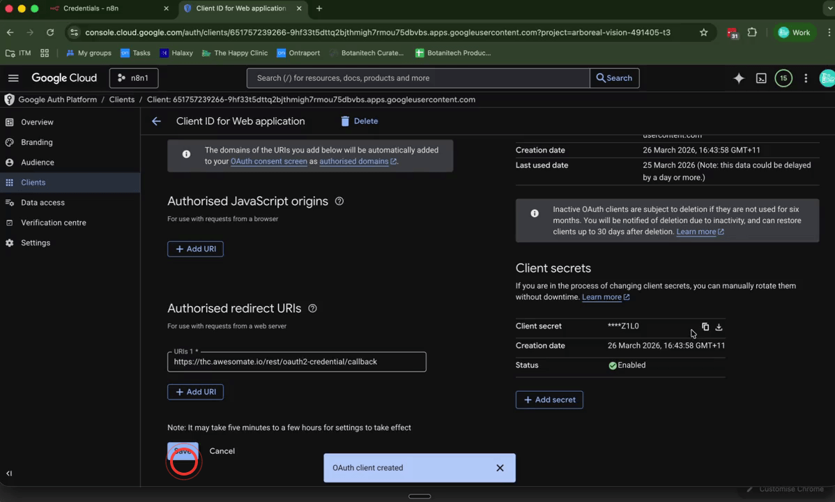 N8N Google Calendar credential screen with Client ID and Client Secret fields filled in and the Sign in with Google button visible