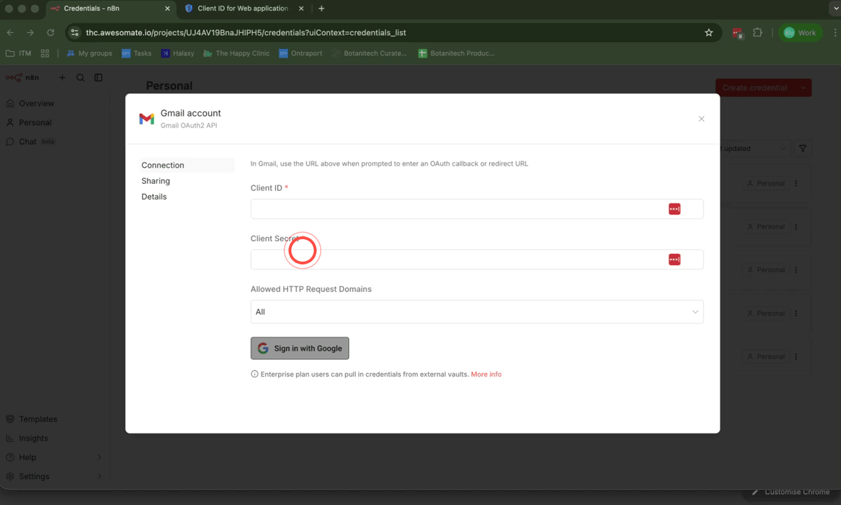 N8N Credentials screen showing multiple Google service credentials being created one by one
