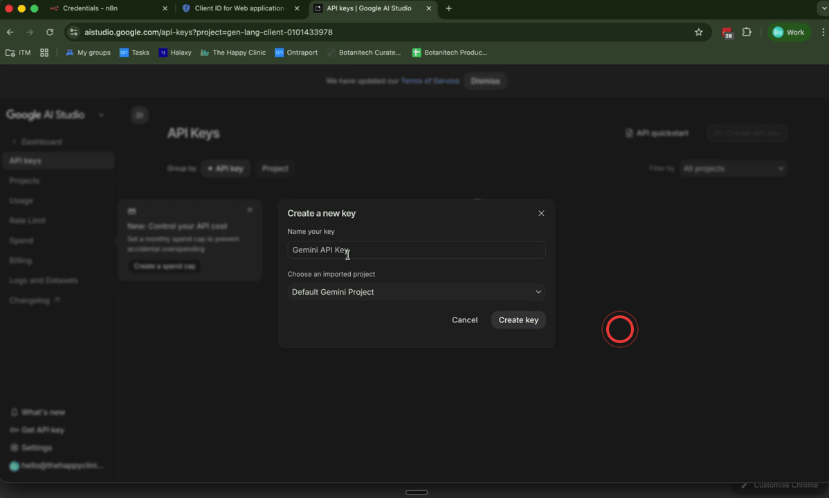 Google AI Studio screen showing the Get API Key and Create API Key options