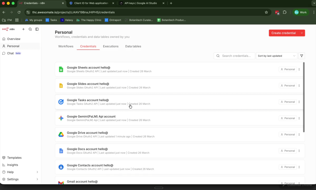 N8N Credentials list showing Google service credentials renamed with associated email addresses