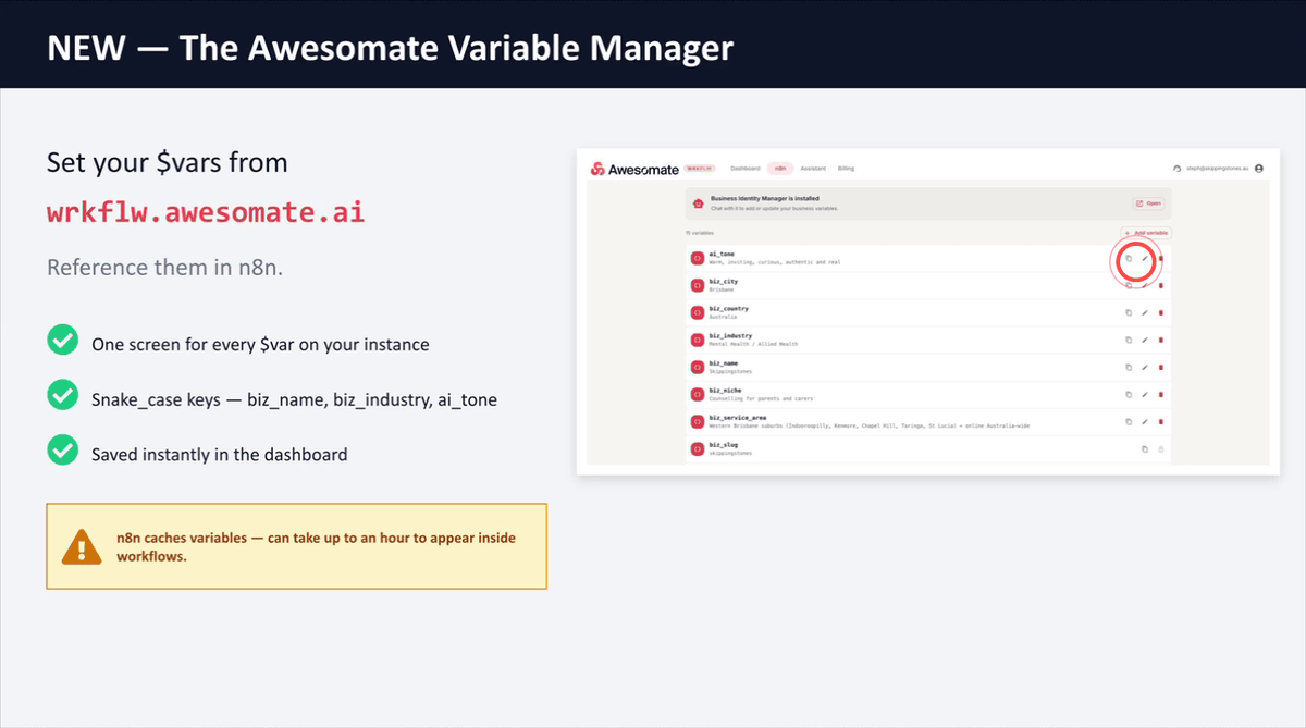 Awesom8 dashboard showing the Add New Variable form with a snake_case variable name being entered