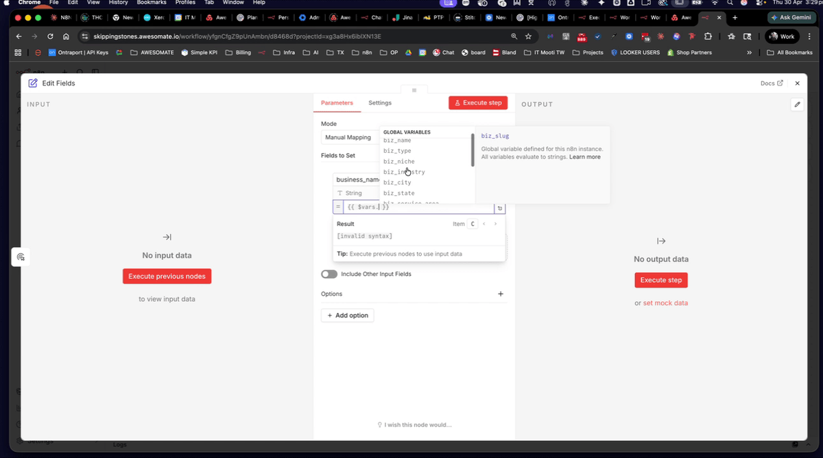 Business Identity Manager chat interface inside the Awesom8 account, showing a conversation where the agent identifies missing variables