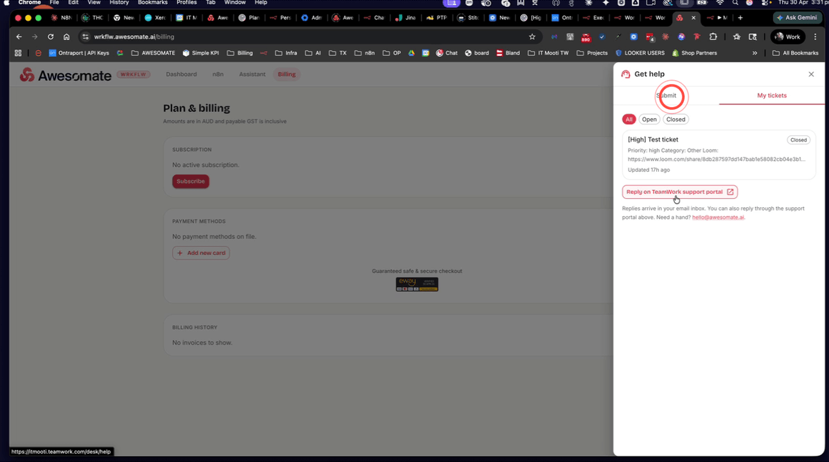 Awesom8 account showing the Get Help icon and support request submission form
