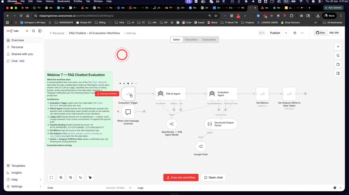 N8N canvas showing the FAQ evaluation workflow with trigger, agent, evaluation agent, and routing nodes