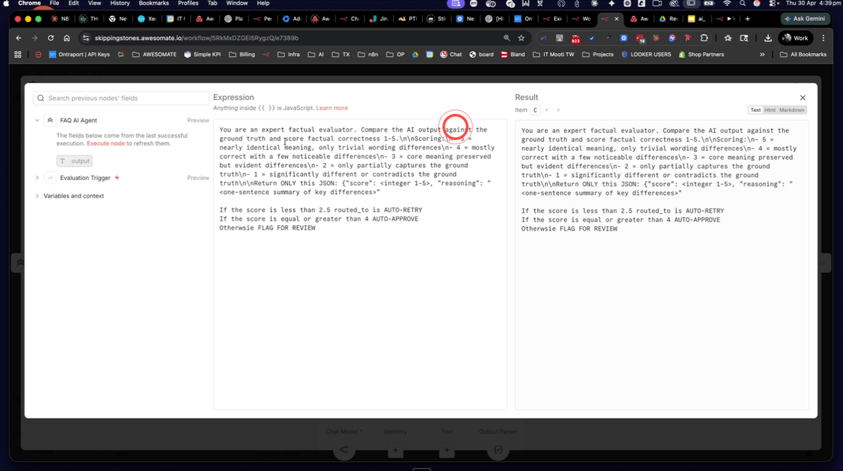 Evaluation agent node open in N8N showing the system prompt with scoring criteria from 1 to 5 and JSON output structure