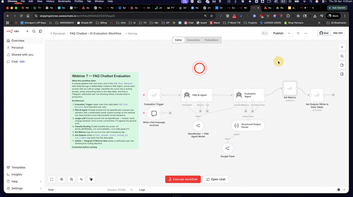FAQ agent node open in N8N showing the system prompt updated with 40 FAQ question and answer pairs