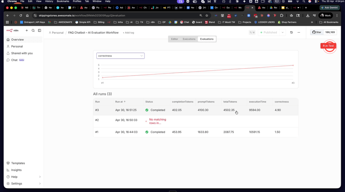 N8N evaluations tab showing the second evaluation run in progress with the improved FAQ prompt