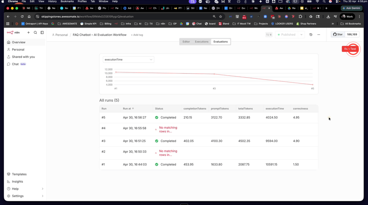 N8N evaluations tab showing the third evaluation run in progress using GPT-4.1 Nano