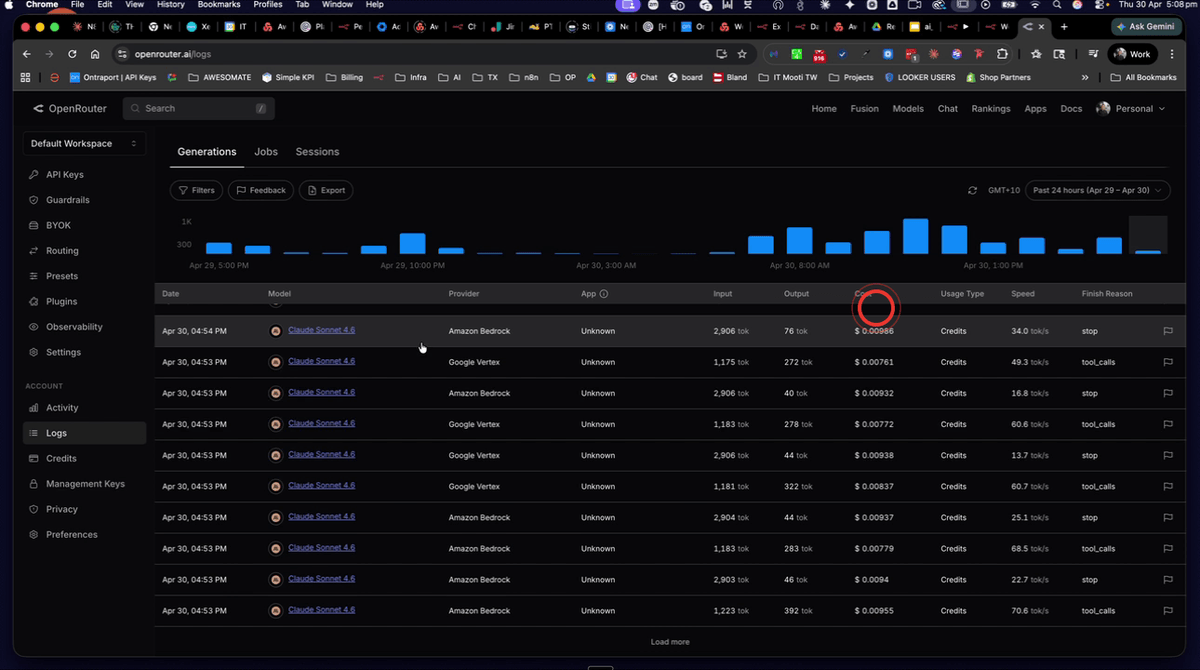 OpenRouter logs view showing per-request costs for Claude Sonnet, GPT-4.1 Nano, and Nvidia Nementron across evaluation runs