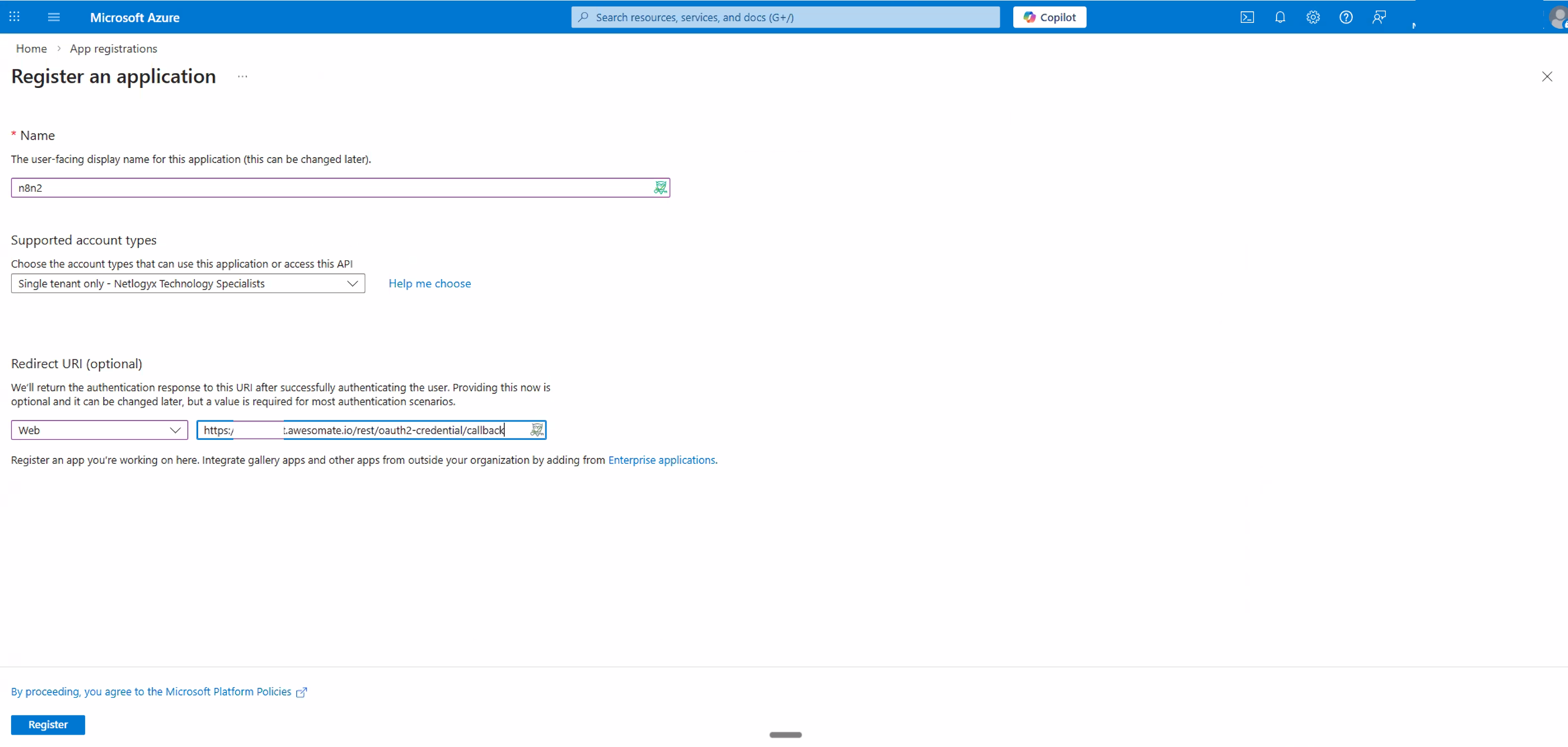 Azure Register an application form showing app name, multi-tenant account type selection, and Redirect URI from n8n
