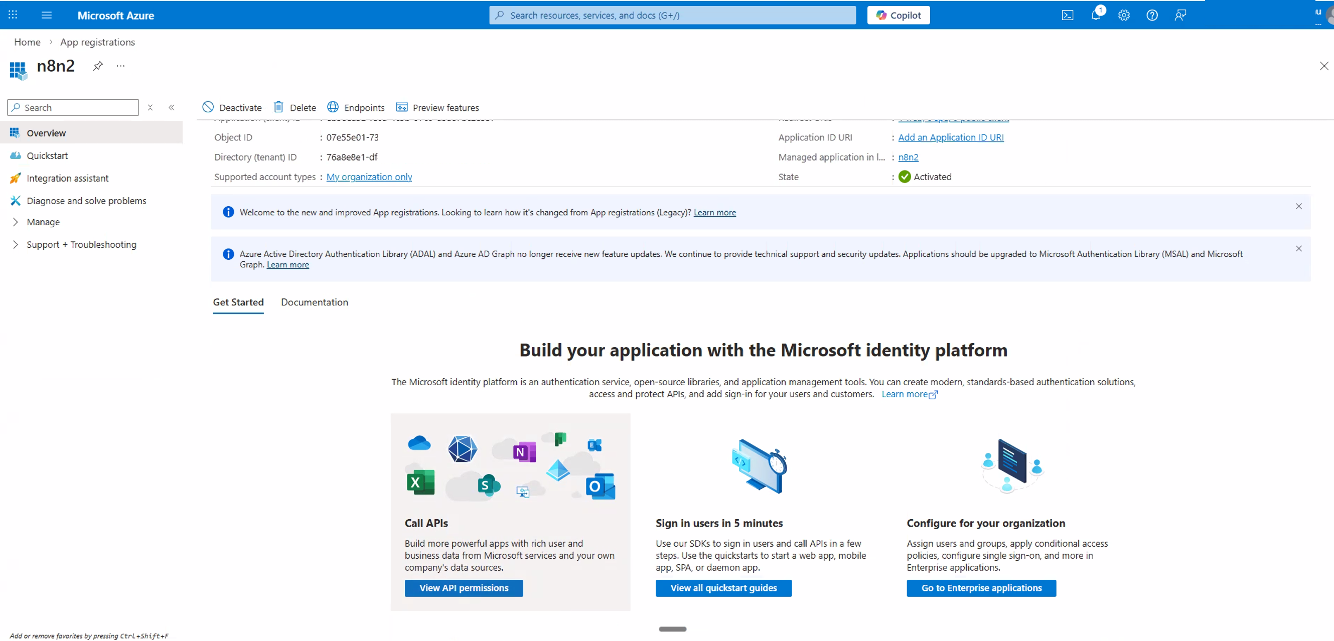 Azure app overview page displaying the Application (client) ID with copy button