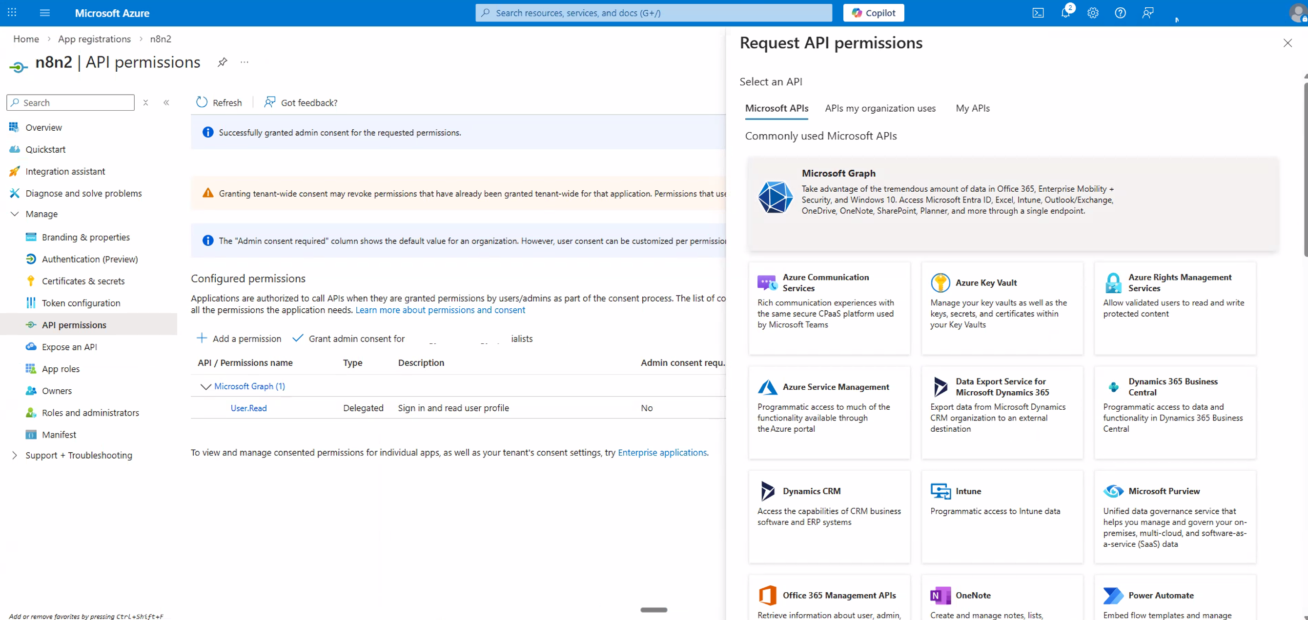 Request API permissions panel with Microsoft Graph highlighted as the API selection