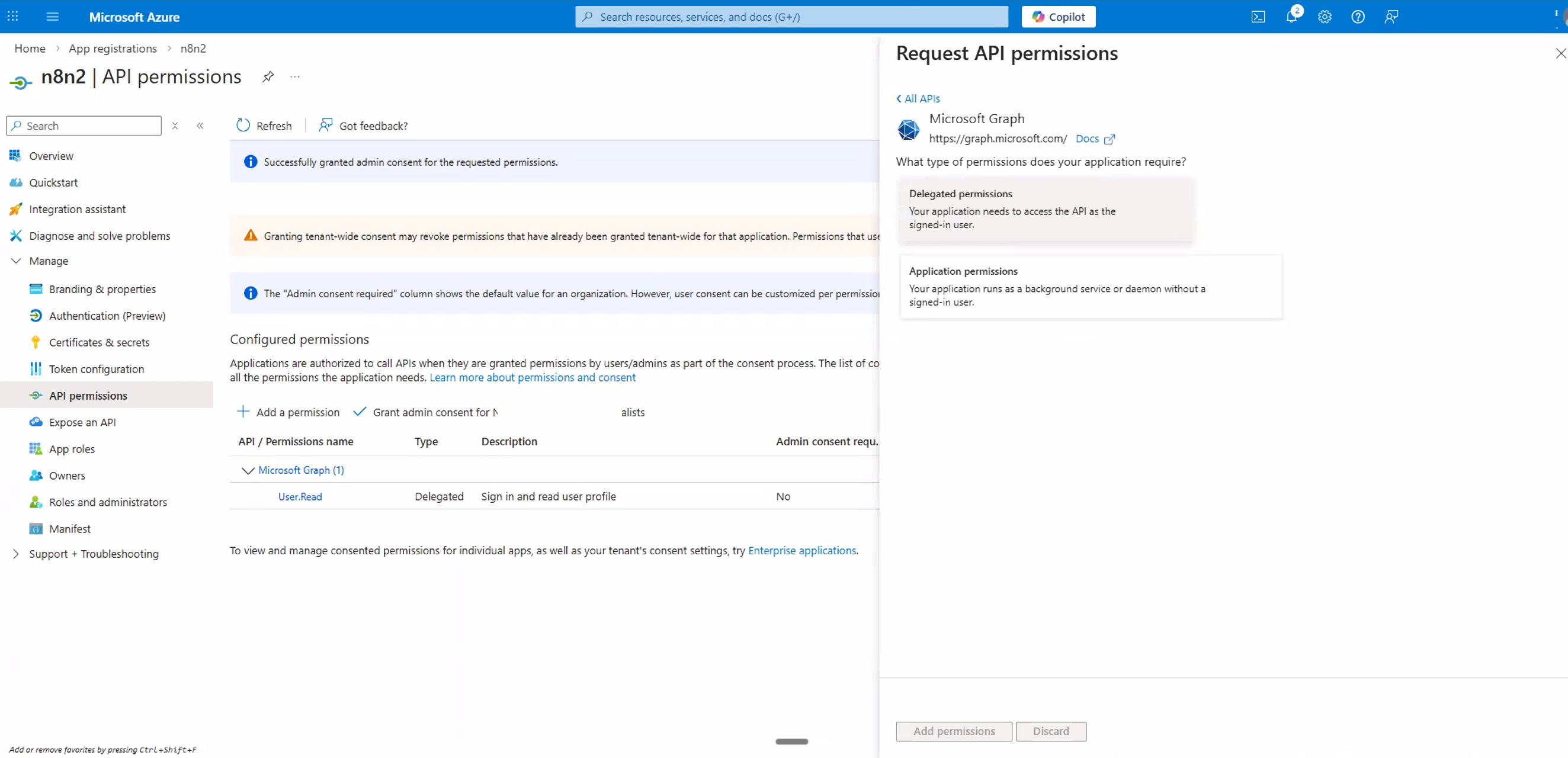 Permission type selection showing Delegated permissions option selected