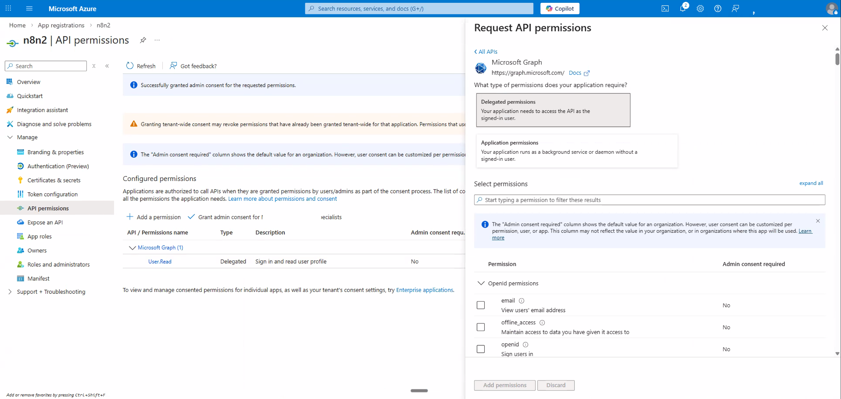 Adding offline_access permission under the OpenID category in Microsoft Graph