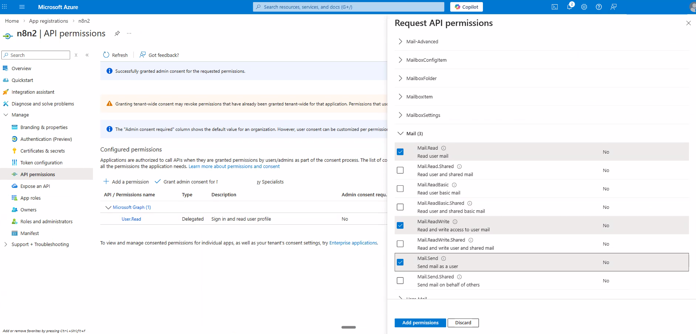 Adding Mail.Read, Mail.ReadWrite, and Mail.Send delegated permissions