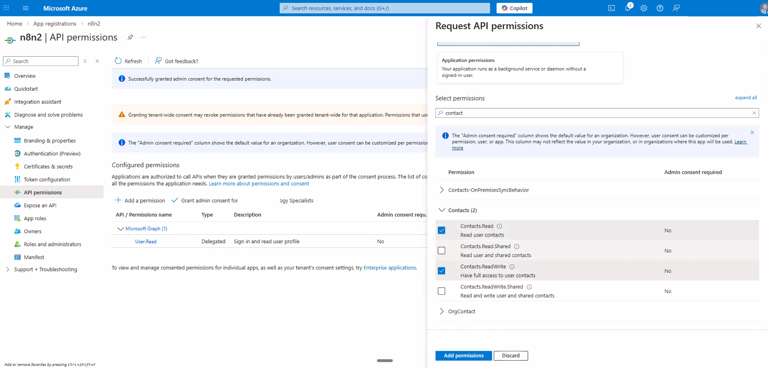 Adding Contacts.Read and Contacts.ReadWrite delegated permissions