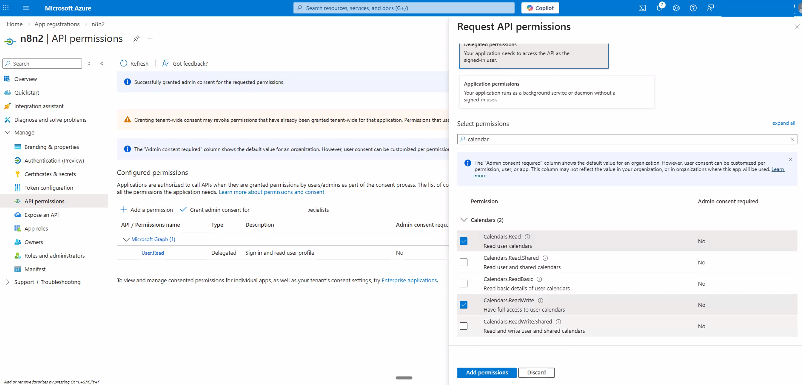 Adding Calendars.Read and Calendars.ReadWrite delegated permissions