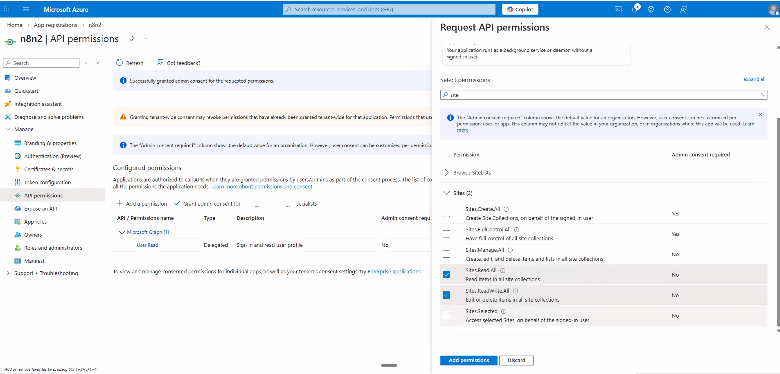 Adding Sites.Read.All and Sites.ReadWrite.All delegated permissions for SharePoint