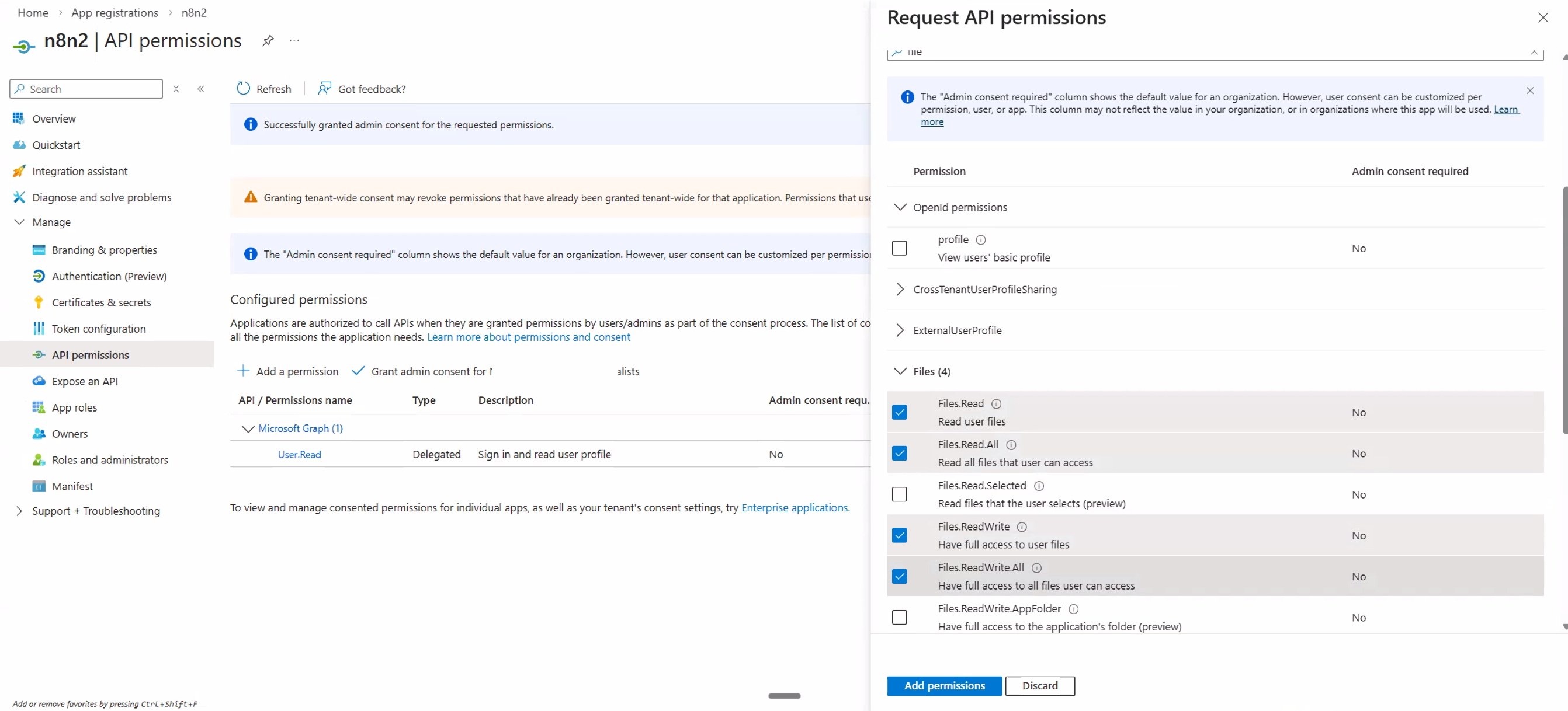 Adding Files.Read and Files.ReadWrite delegated permissions for OneDrive and Excel