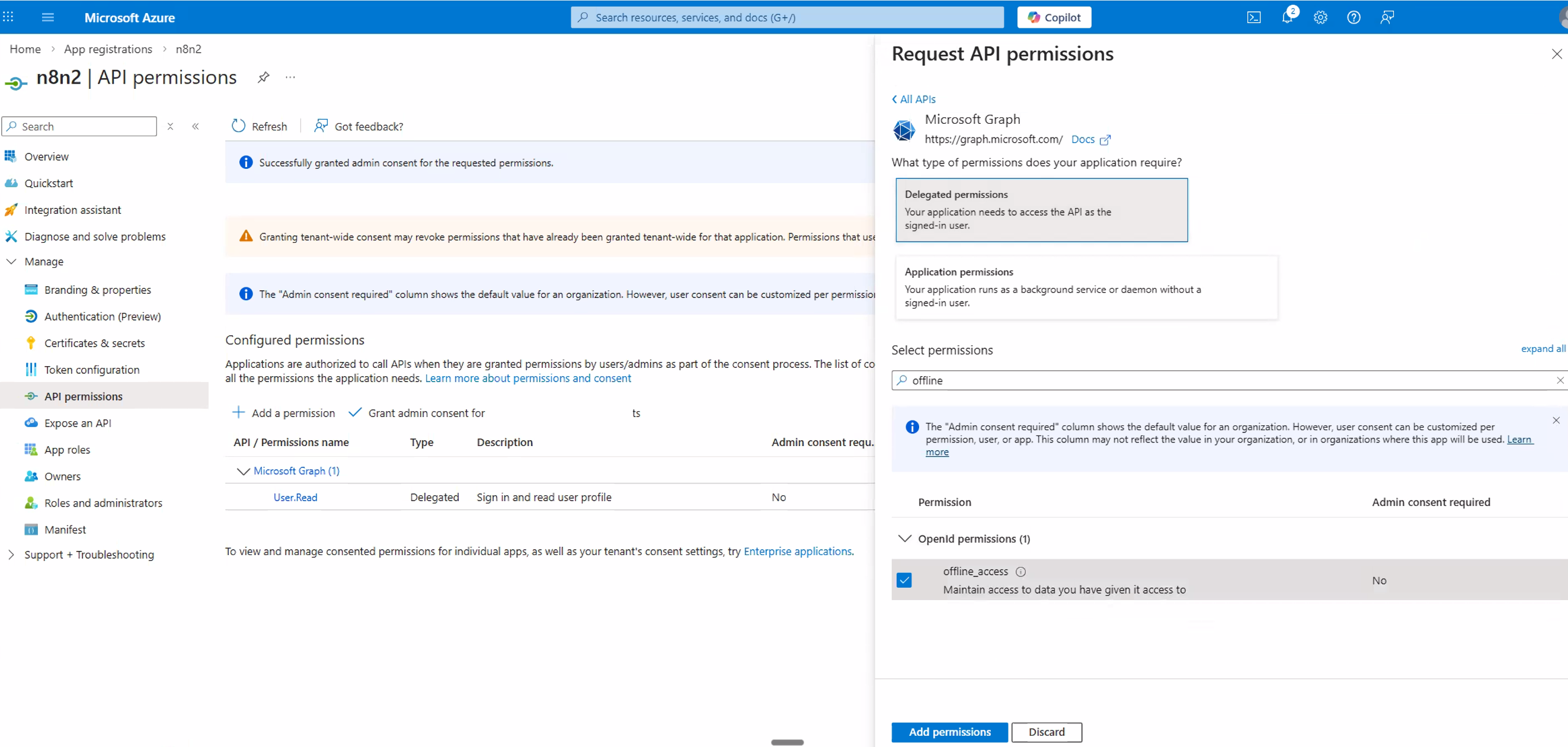 Permission list confirming offline_access is explicitly selected among all permissions