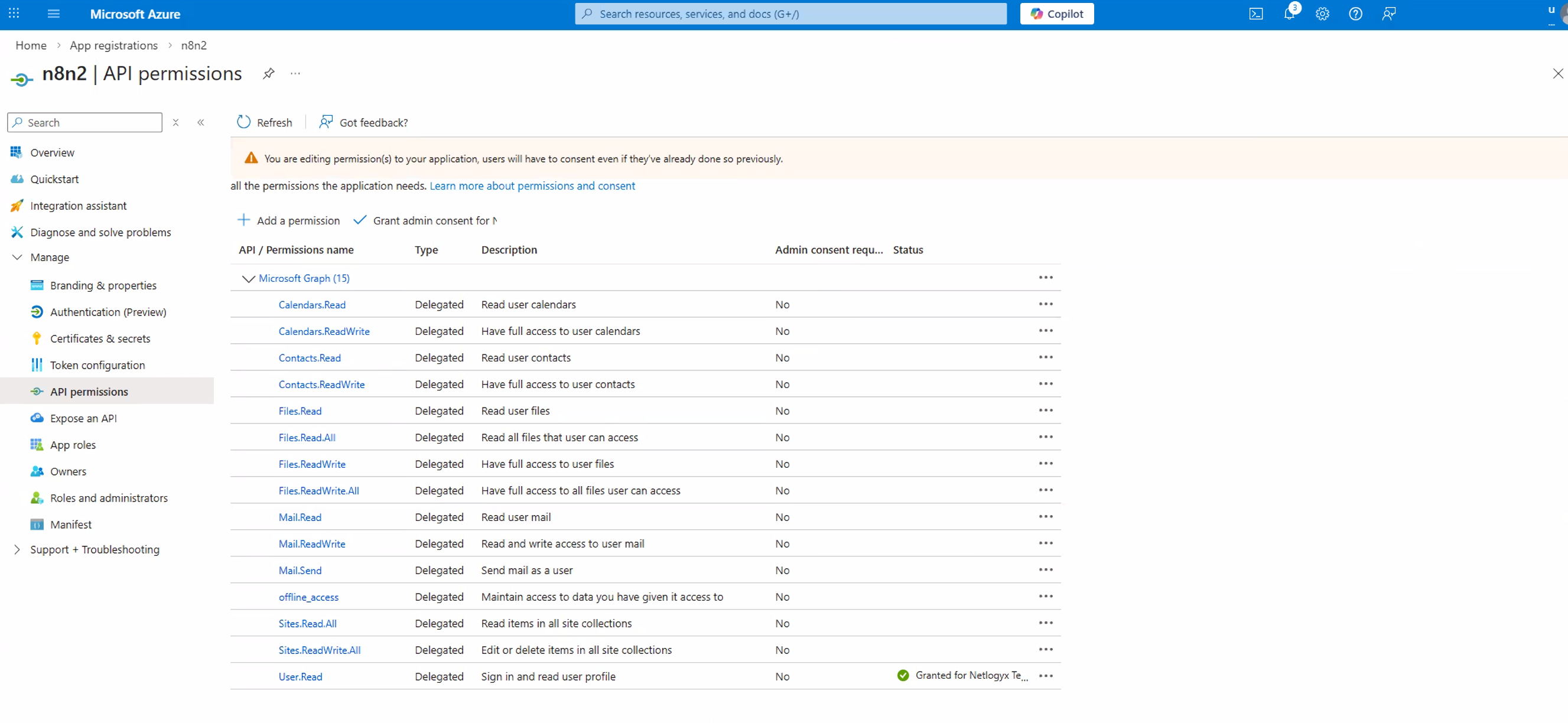 Full API permissions summary showing all 15 requested permissions before granting admin consent
