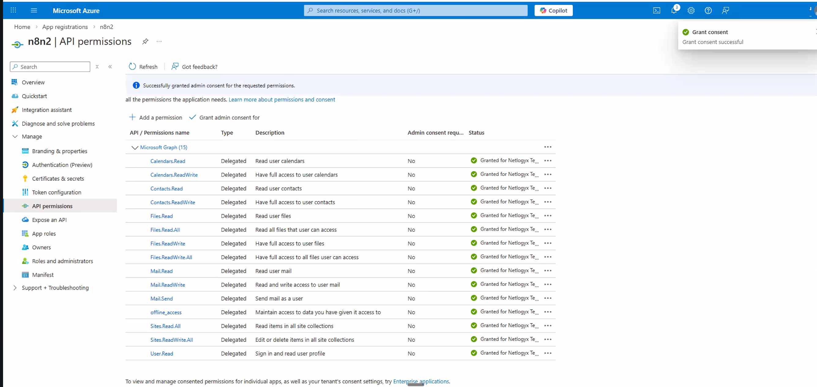 API permissions list showing green checkmarks next to every permission — consent granted successfully
