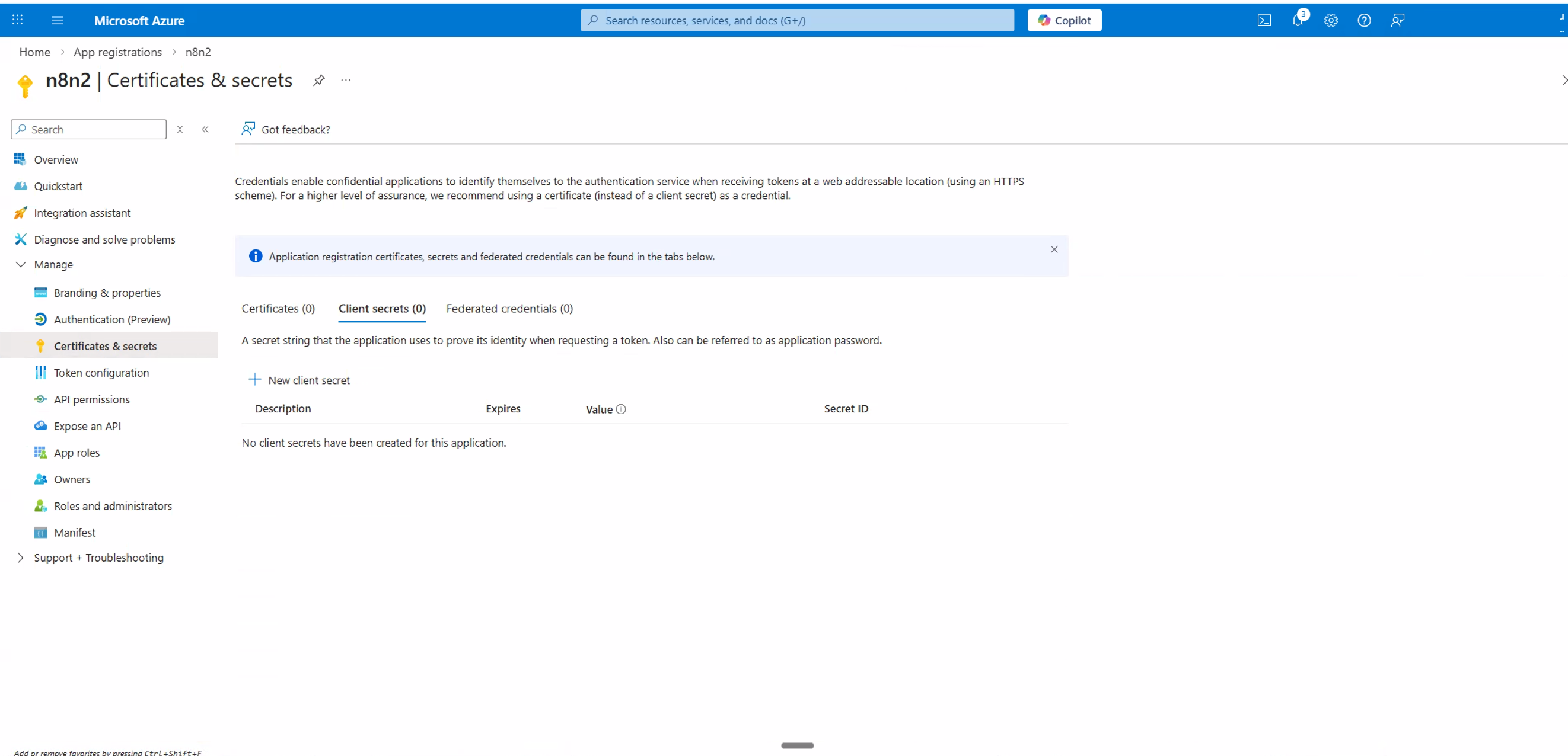 Certificates and secrets page in Azure app registration — the area where you create the app's password