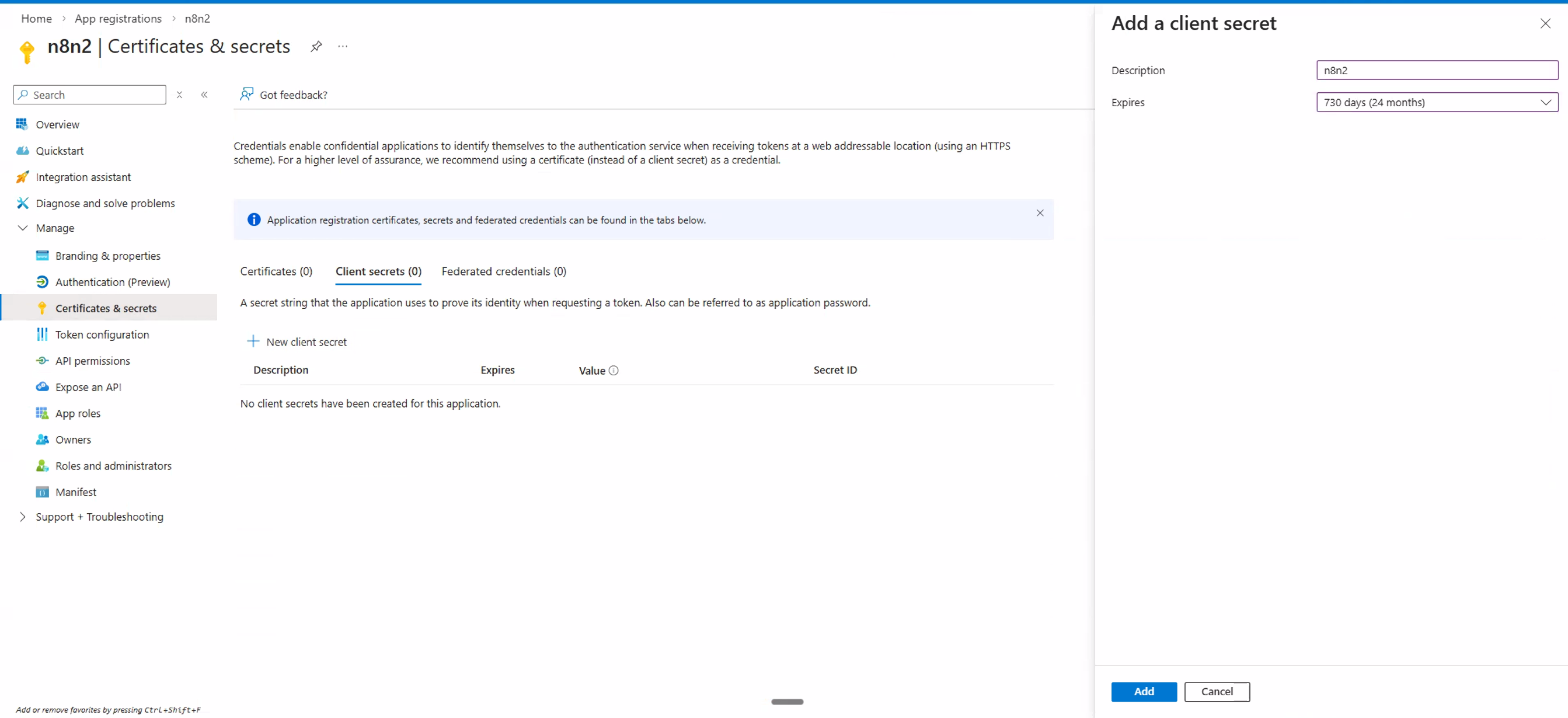 Add a client secret dialog showing description field and 24-month expiry selection