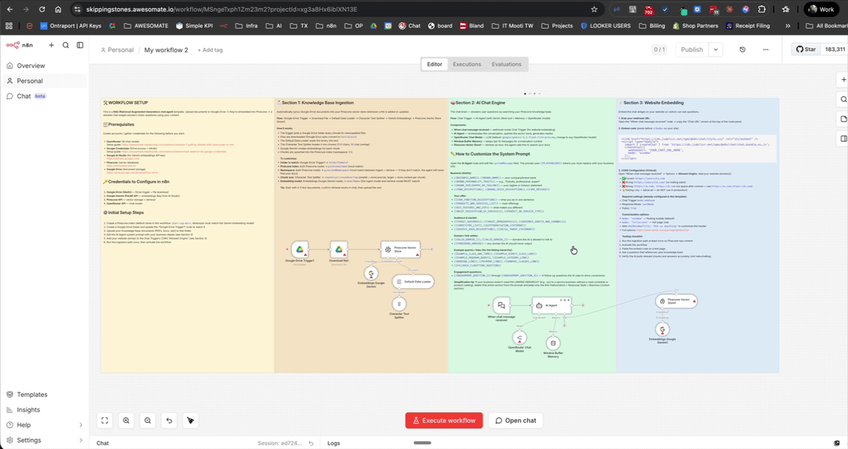 Yellow sticky note on the N8N canvas listing workflow prerequisites
