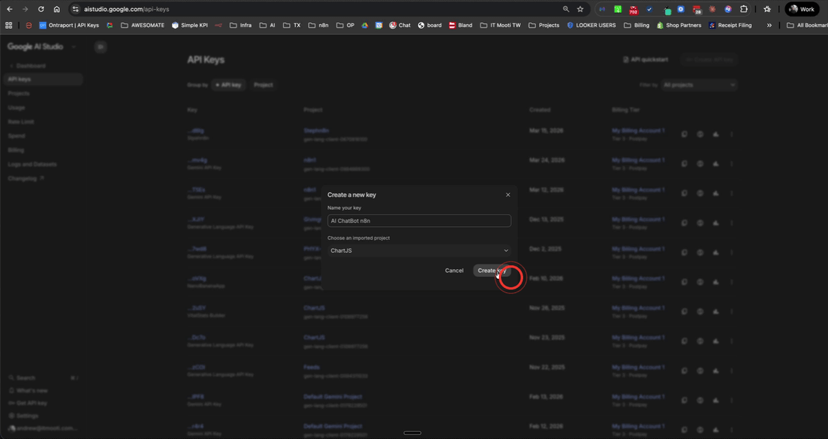 Google AI Studio API key creation screen