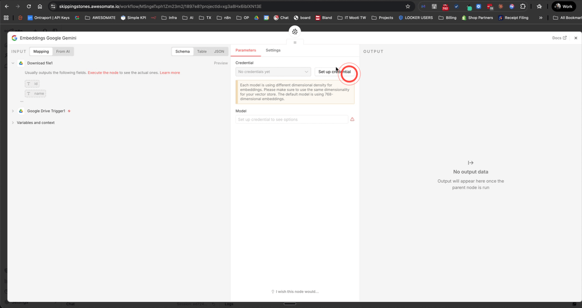 N8N Embeddings Google Gemini node with credential setup and model selection