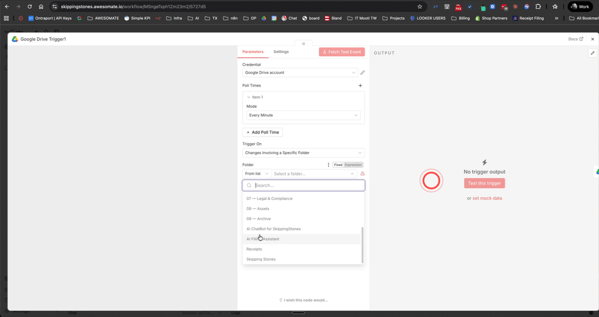N8N Google Drive Trigger node with folder selection and polling time settings
