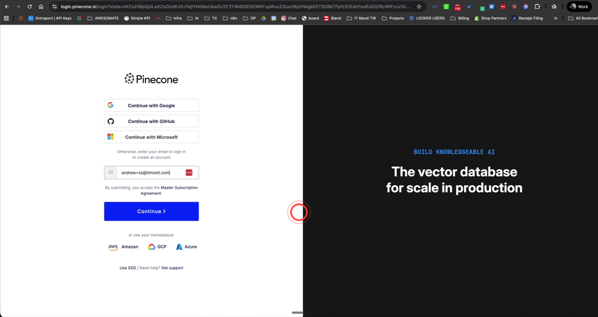 Pinecone dashboard showing the API key section