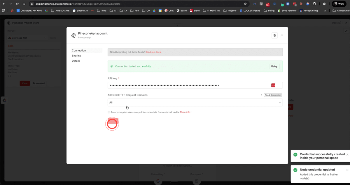 N8N Pinecone Vector Store node with credential setup dialog open