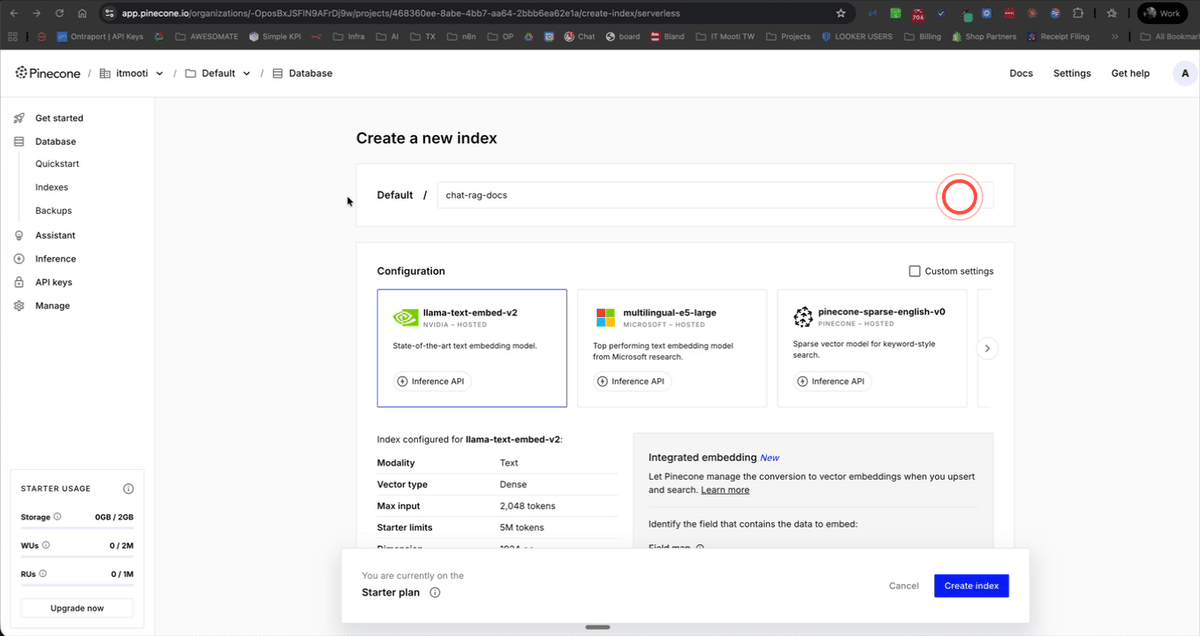 Pinecone Create Index screen with ChatRagDocs name and 3072 dimensions entered